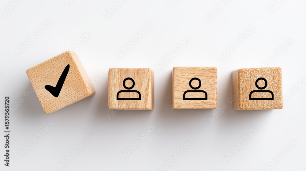 Wooden cubes with user icons and check mark symbol on white background, representing selection or approval in simple and clear concept Wooden cubes with user icons and check mark symbol on white background, representing selection or approval in simple and clear concept
