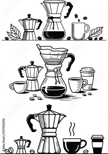 Coffee Maker Vector Set, Vintage Brewing Equipment and Cup Illustration.

