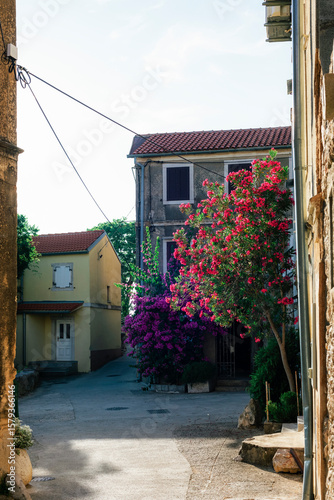 Old street of Omisalj with red tiled roofs and flowering bushes. Krk island, Croatia