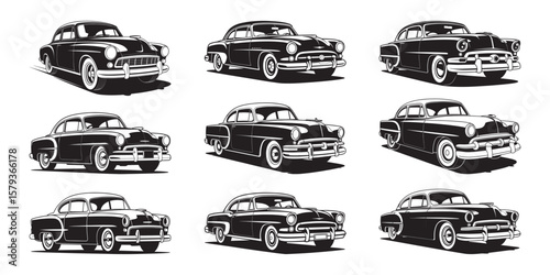 Vintage car vector silhouette collection, Set of vintage cars clipart vector, Car silhouette illustration