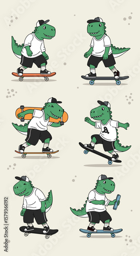 Pixel art dinosaurs shredding on skateboards performing awesome tricks