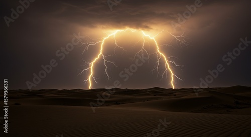 Fototapeta Naklejka Na Ścianę i Meble -  Desert Lightning Arch - Dramatic desert landscape, nighttime thunderstorm, lightning bolt arch, sand dunes, power of nature. Symbolizes power, mystery, nature, awe, and the sublime