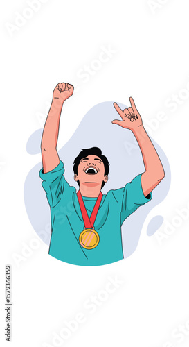Champion athlete celebrates victorious moment wearing a gold medal triumphantly raising arms