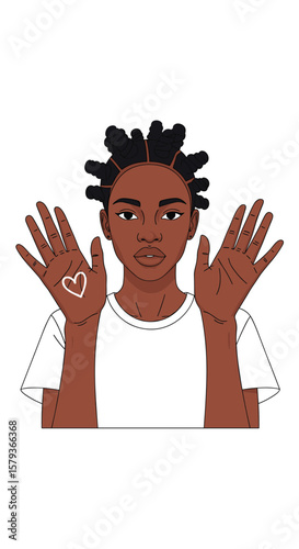 A person with dark skin and dreadlocks raising their hands showing a heart drawn on one palm wearing a white t shirt
