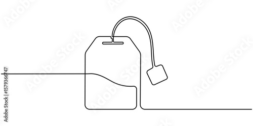 Continuous one line art of tea bag with string and tag, minimalist elegant kitchen concept illustration, Tea bag continuous one line drawing outline vector icon, Continuous single line art drawing