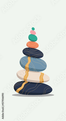 A stacked pile of colorful textured smooth stones for relaxation and meditation