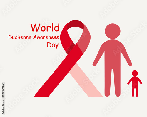 World Duchenne Awareness Day vector illustration, red awareness ribbon with child silhouette, heart muscle icon, minimalist flat style, clean white background, modern design for poster and social medi