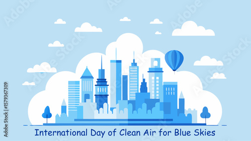 International Day of Clean Air for Blue Skies vector illustration, pastel blue white palette, modern city skyline, soft clouds, hot air balloons, minimalist flat design, clean background, scalable pos