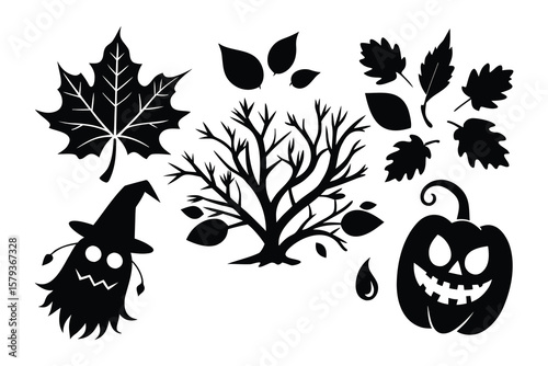 Spooky Halloween Autumn Leaves and Jack-o'-lantern Silhouettes Vector Illustration