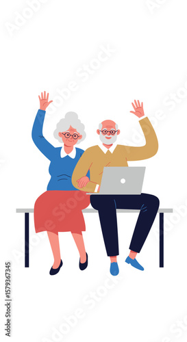 Happy elderly couple using laptop together while waving hello