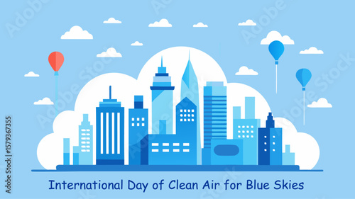 International Day of Clean Air for Blue Skies vector, minimalist city skyline, pastel blue sky, white clouds, hot air balloons, modern flat design, clean background, elegant text, scalable poster art
