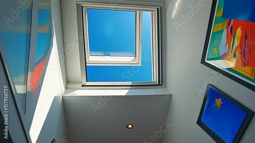 Angled view looking at a bright blue sky through a skylight in a modern home