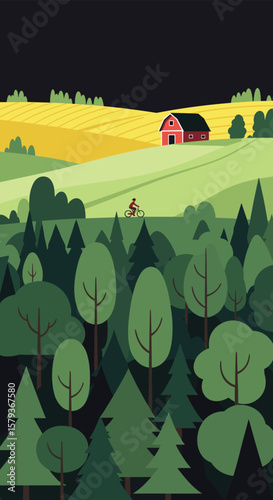 Vast countryside landscape with forest fields and rural barn under dark sky