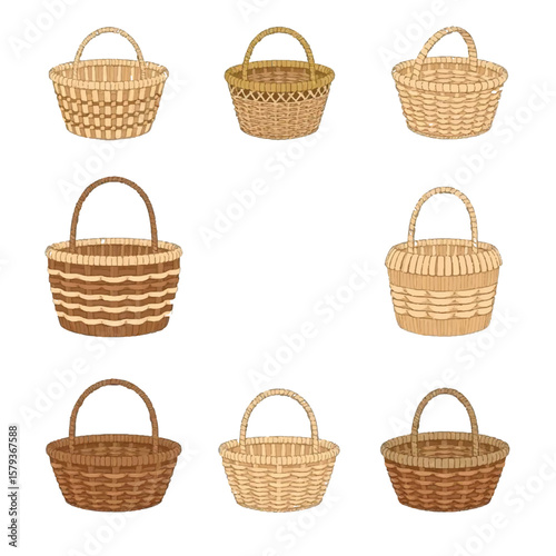 Collection of nine assorted woven baskets with handles on a white background