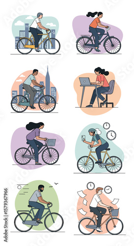 Diverse people enjoying cycling in various urban and outdoor scenes everyday life activities