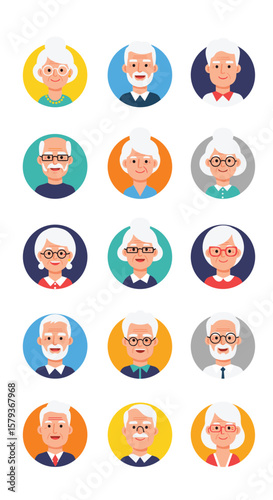 Collection of diverse senior citizens portraying various emotions and styles