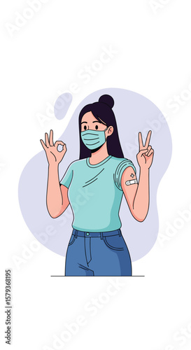 Young woman wearing face mask showing ok hand gesture after vaccination protecting herself and others