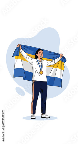 Athlete celebrates victory holding a national flag and gold medal in sports competition