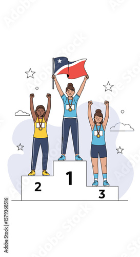 Athletic competition podium victory celebration with athletes holding a flag