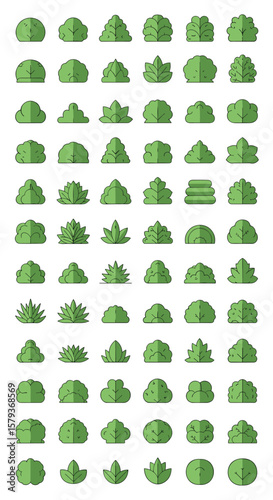 Diverse collection of flat design green shrub icons for your projects