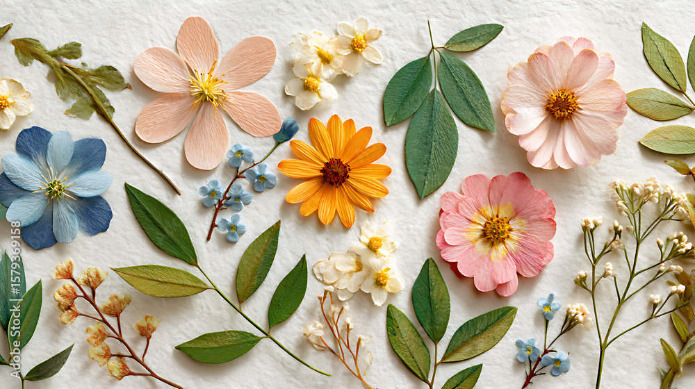Obraz premium Pressed Flowers and Leaves Flatlay on Handmade Paper