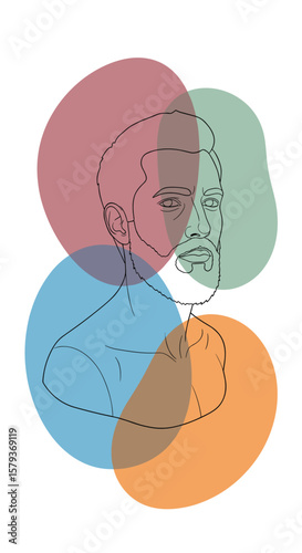 Abstract portrait of a distinguished gentleman surrounded by colorful overlapping ovals