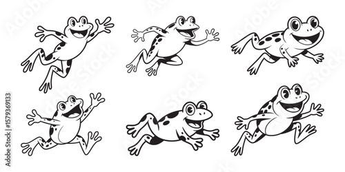 Frog vector silhouette collection, Set of jumping frogs clipart vector, Cartoon frog silhouette vector illustration