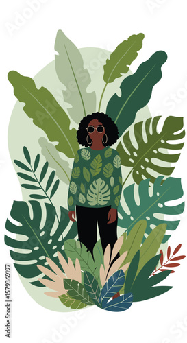 A stylish person stands amidst lush green tropical jungle foliage
