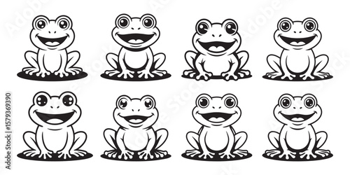 Frog vector silhouette collection, Cartoon frogs clipart vector set, Black and white cartoon frog silhouette