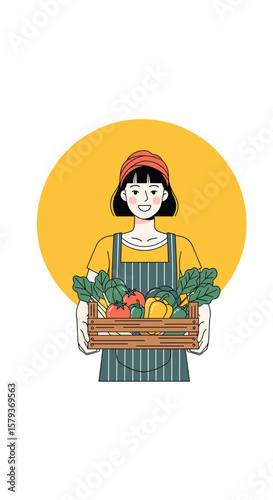 A young woman farmer holds a crate full of freshly harvested organic vegetables and fruits