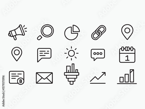 Essential Icons for Digital Marketing: A clean and minimalist collection of versatile icons designed for digital marketing and data visualization, perfect for web and print media.