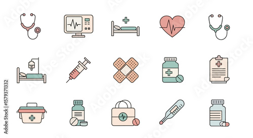 A collection of medical and healthcare icons, representing various aspects of treatment and care.