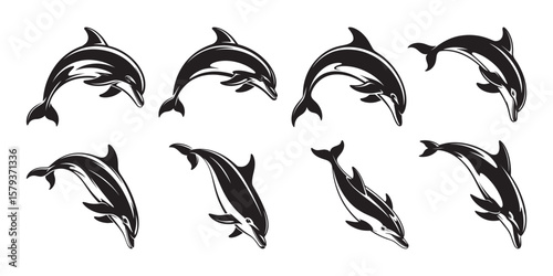 Dolphin vector silhouette collection, Set of dolphin clipart vector, Black and white dolphin silhouette illustration