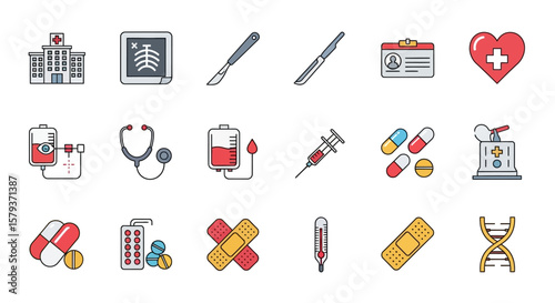 A collection of medical themed icons including a hospital, x-ray, surgical tools, ID badge, heart, blood bag, stethoscope, syringe, pills, and DNA.