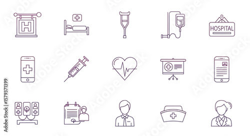 Line art icons representing various aspects of healthcare and medical treatments.