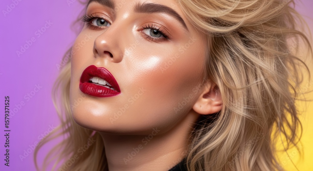 Close-up portrait of a blonde woman with bright red lipstick and shiny skin posing against a gradient background. Close-up portrait of a blonde woman with bright red lipstick and shiny skin posing against a gradient background.