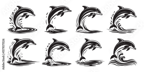 Dolphin vector silhouette collection, Dolphin with water splash clipart, Black and white dolphin silhouette illustration