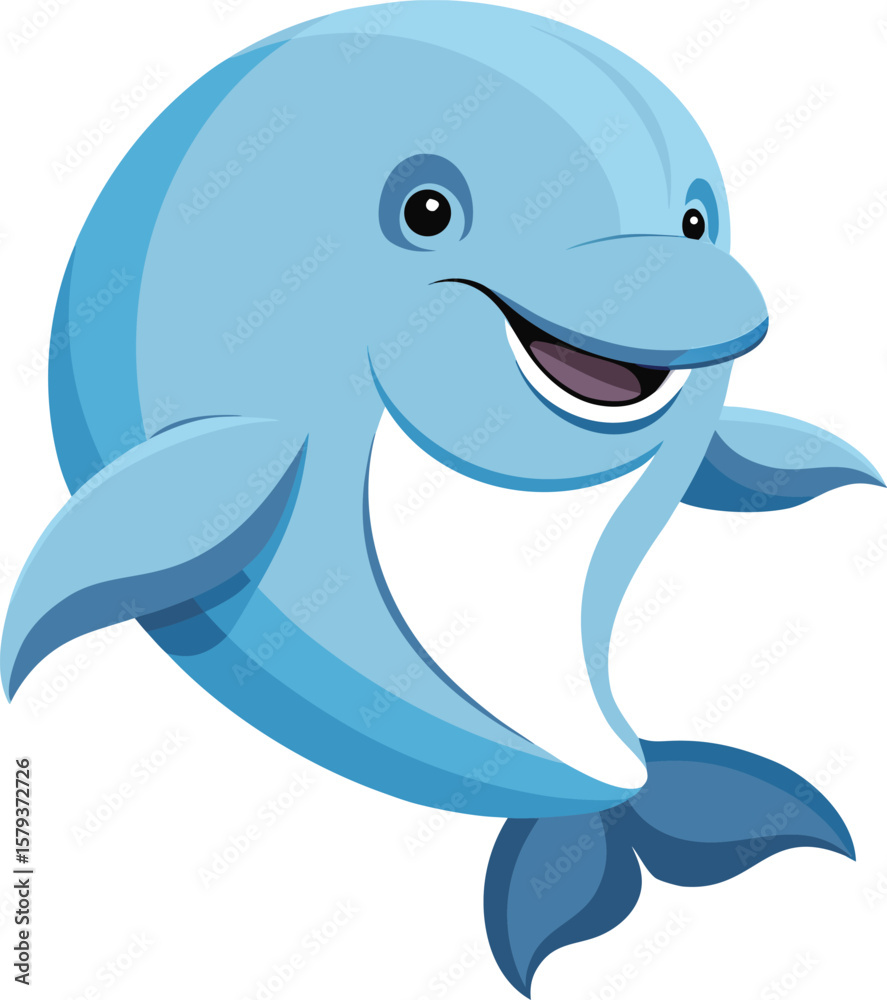 Fototapeta premium Adorable Cartoon Dolphin, Happy Aquatic Mammal, Smiling Ocean Creature, Blue Marine Animal Illustration