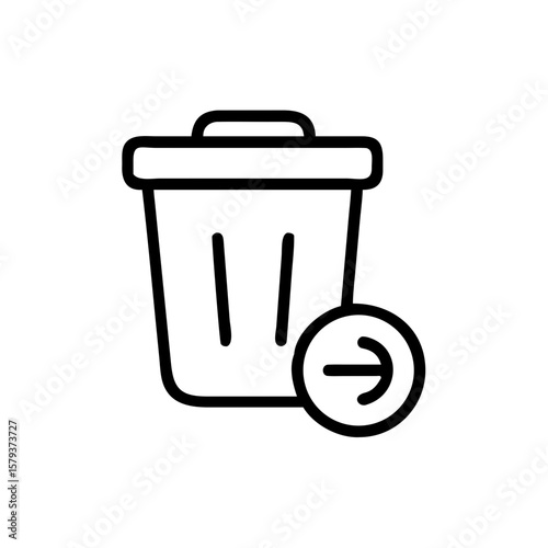 Outline of a trash can with a lid and an arrow pointing right indicating the delete action icon symbol