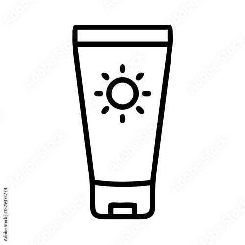Illustration of a sunscreen bottle with a sun icon for skin protection and summer vacation needs