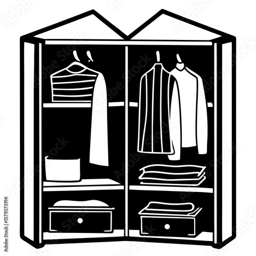 Open closet with folded sweaters, labeled storage bins, color-coded hanging clothes, and a shoe rack below.