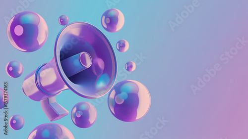 Colorful floating megaphones with shiny spheres. Futuristic broadcasting concept.
