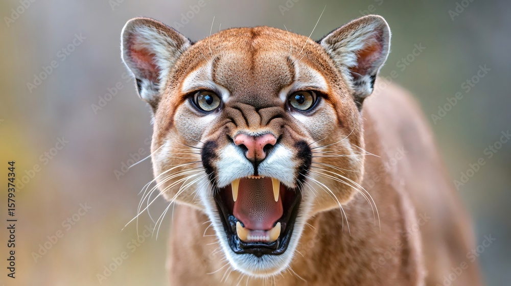 Obraz premium Cougar snarling showing teeth and fangs in close up portrait