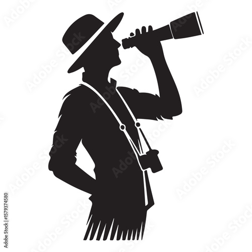 Silhouette of a Man Using Binoculars for Birdwatching Expedition