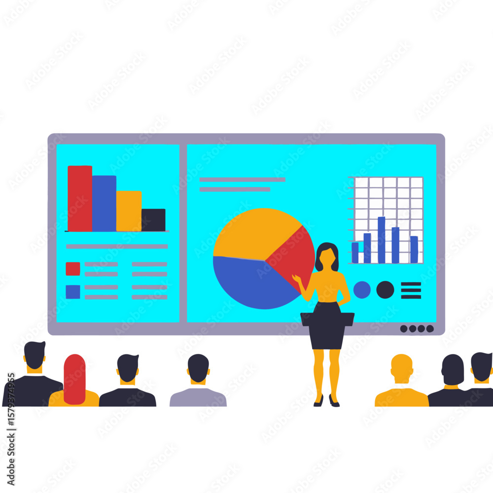 Fototapeta premium Business Presentation Illustration-Woman Presenting Charts to Audience-Data Analysis and Strategy-Financial Insights-Investor Pitch-Corporate Meeting