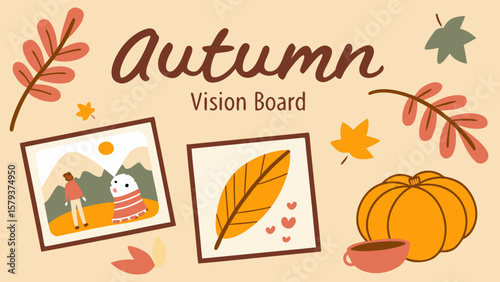 Cozy autumn vision board with pictures of nature cute characters falling leaves pumpkin and warm drink celebrating the fall season