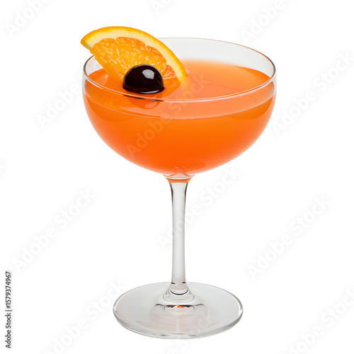 A vibrant orange cocktail garnished with a fresh orange slice and cherry