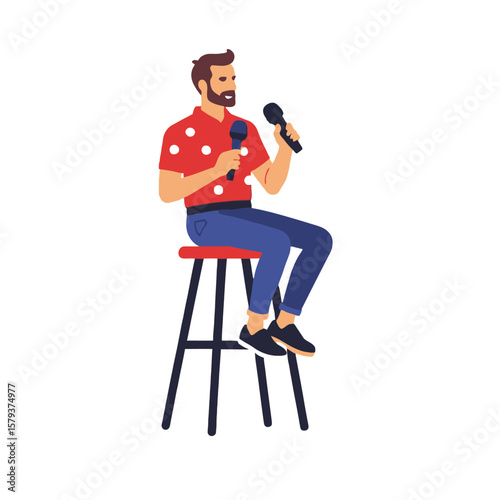 Cartoon Comedian on Stool with Microphones - Stand Up Comedy Performer with Funny Red Polka Dot Shirt - Illustrated Comedian Character for Presentations