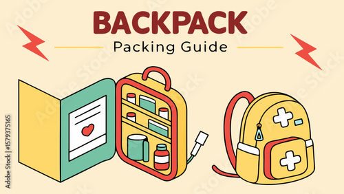 Illustrated medical backpack and open first aid kit with supplies and a guide booklet showing a heart symbol for healthcare and emergencies