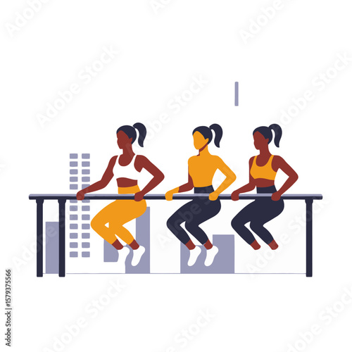 Fitness Inspiration-Group Workout-City Skyline-Healthy Lifestyle-Women Exercising- Barre workout with friends-Fitness motivation for women -Urban fitness journey